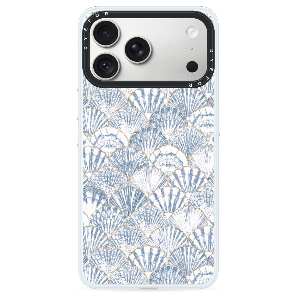 Blue Seashell Pattern iPhone 18 Pro Max Black Impact Pre order Case on Silver phone