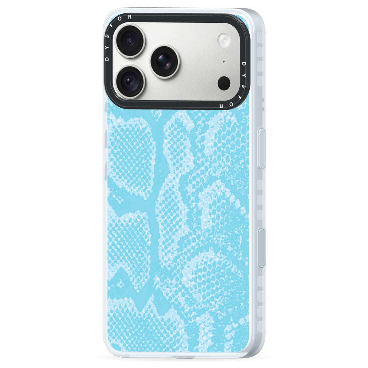 Blue Snakeskin iPhone 18 Pro Black Impact Pre order Case Side Angle on Silver phone