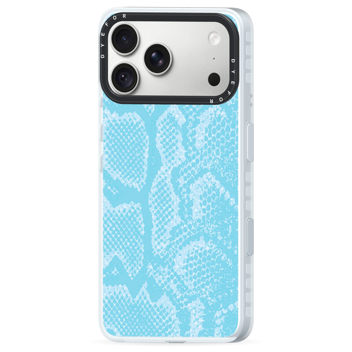 Blue Snakeskin iPhone 18 Pro Max Black Impact Pre order Case Side Angle on Silver phone