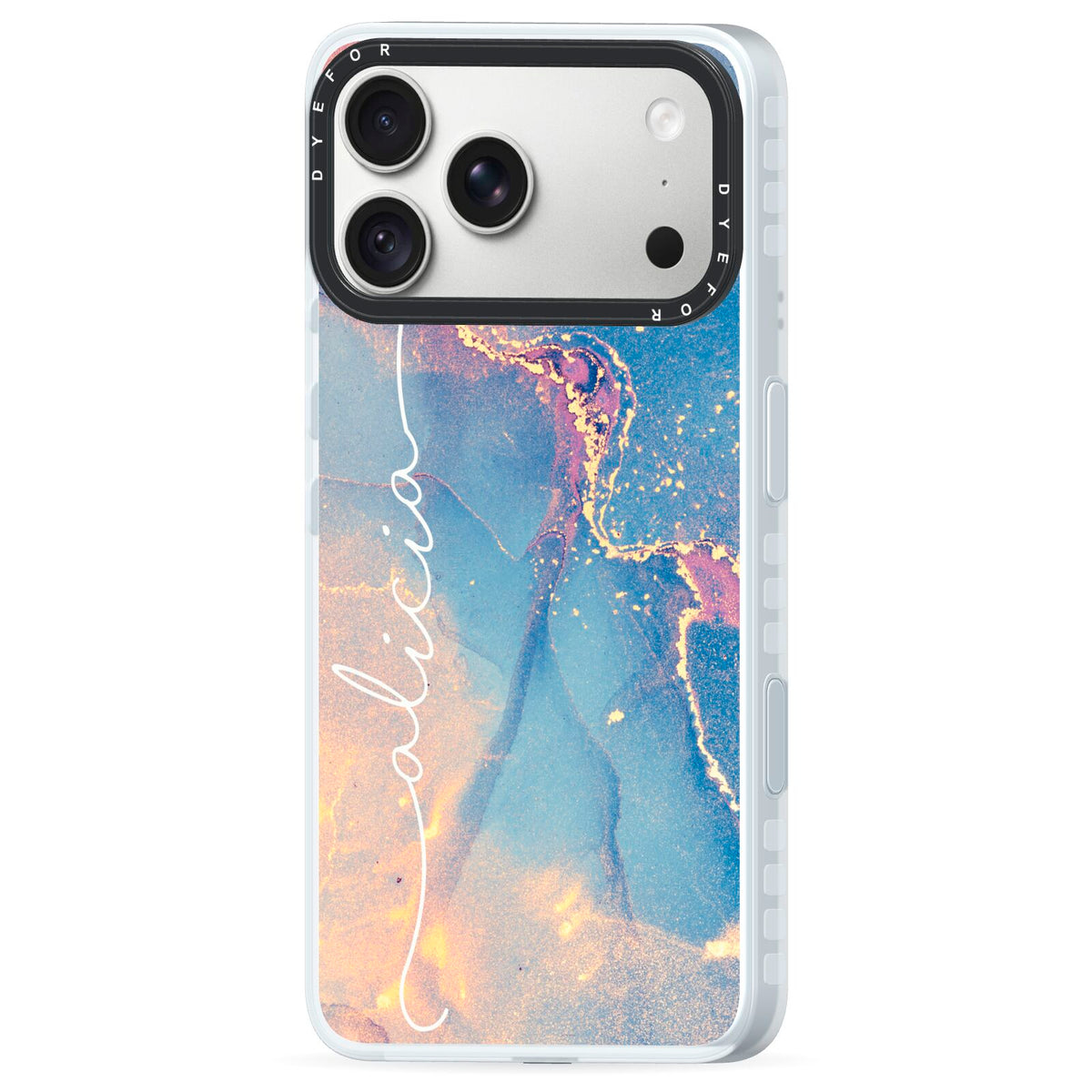 Blue and Pink Marble iPhone 18 Pro Black Impact Pre order Case Side Angle on Silver phone