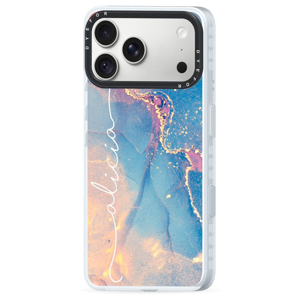 Blue and Pink Marble iPhone 18 Pro Max Black Impact Pre order Case Side Angle on Silver phone