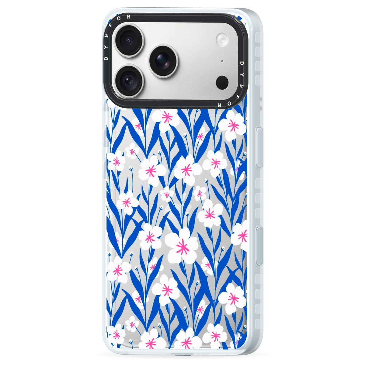 Blue and White Flowers iPhone 18 Pro Black Impact Pre order Case Side Angle on Silver phone