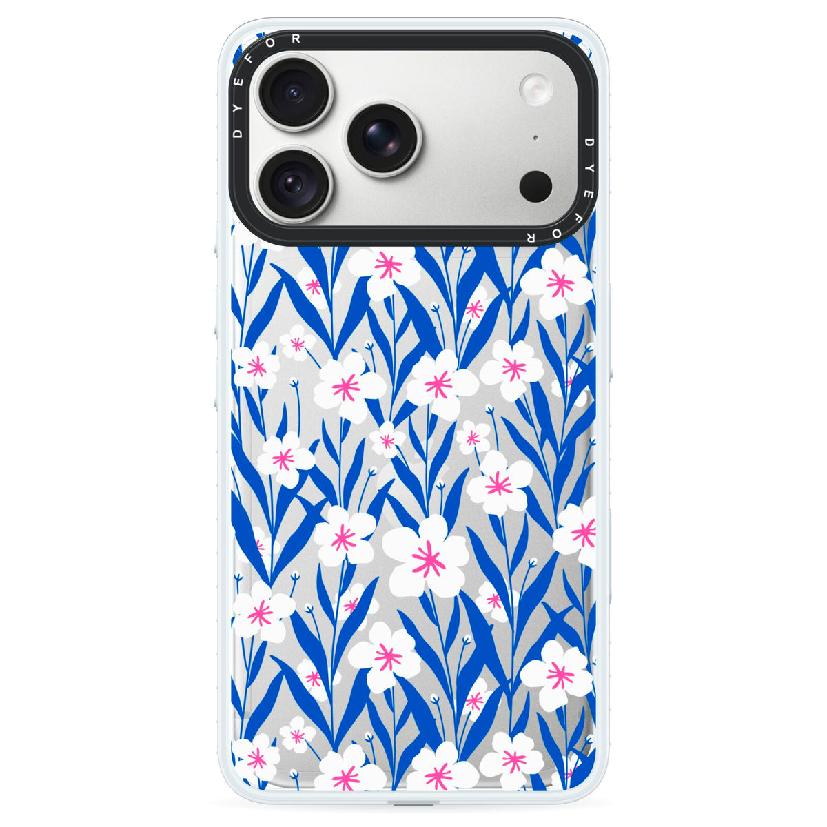 Blue and White Flowers iPhone 18 Pro Black Impact Pre order Case on Silver phone