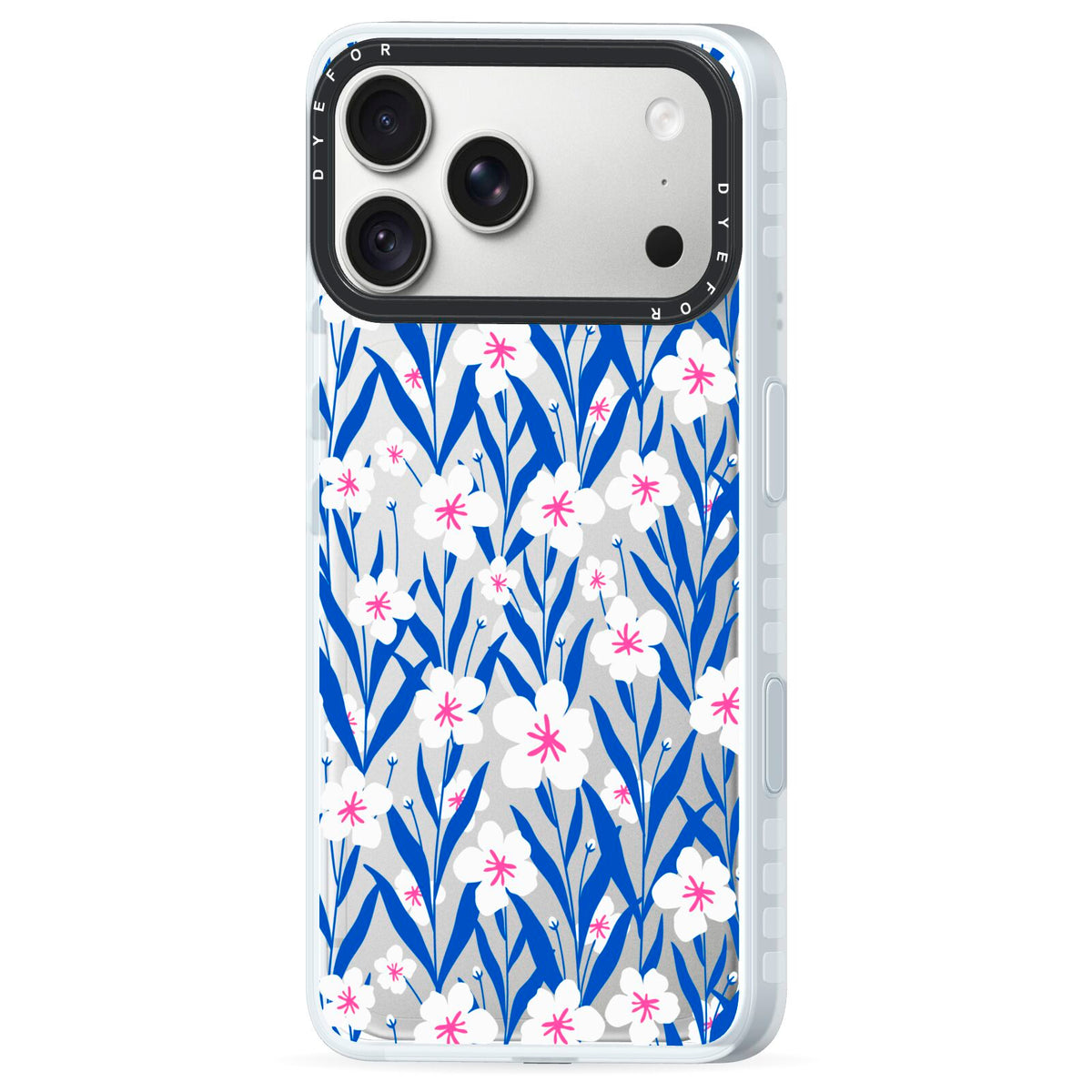 Blue and White Flowers iPhone 18 Pro Max Black Impact Pre order Case Side Angle on Silver phone