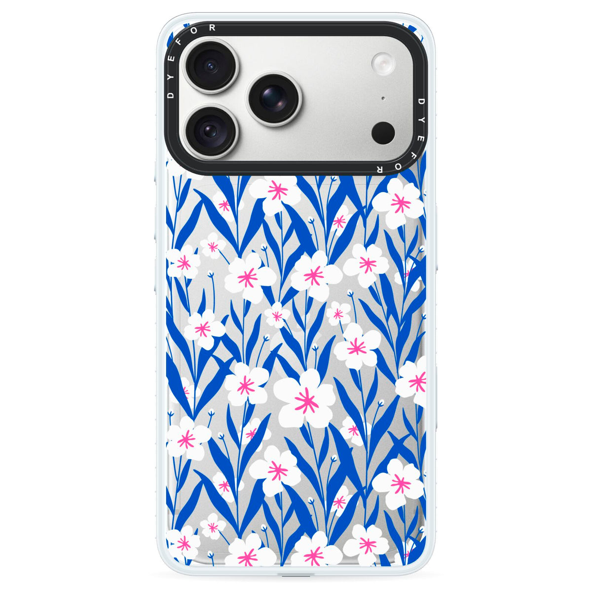 Blue and White Flowers iPhone 18 Pro Max Black Impact Pre order Case on Silver phone