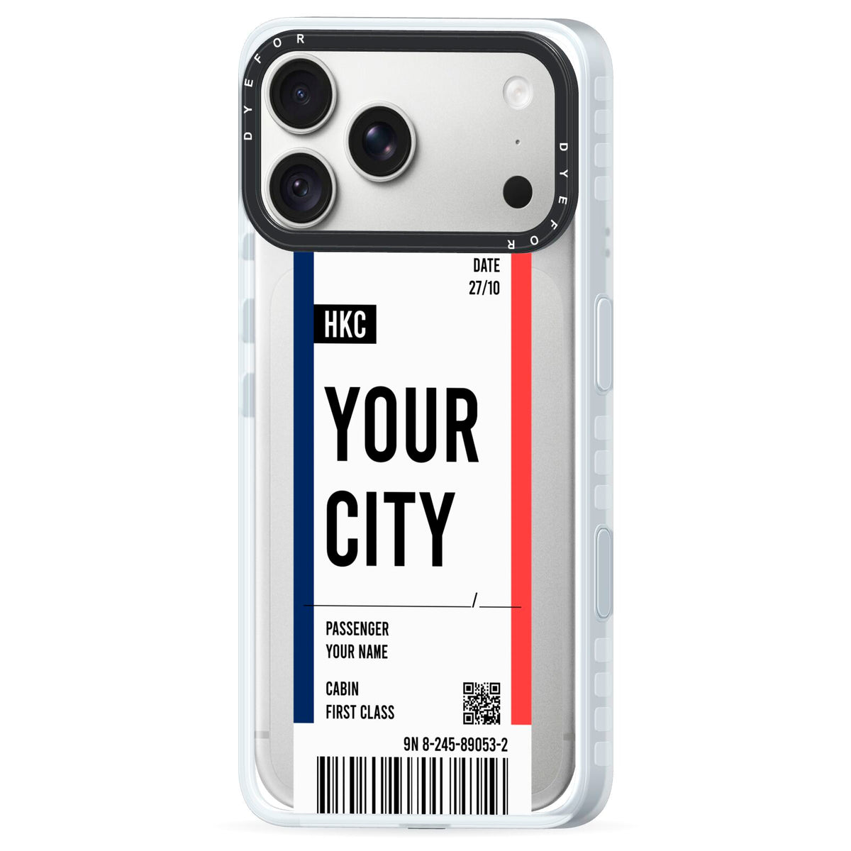 Boarding Pass Ticket iPhone 18 Pro Max Black Impact Pre order Case Side Angle on Silver phone