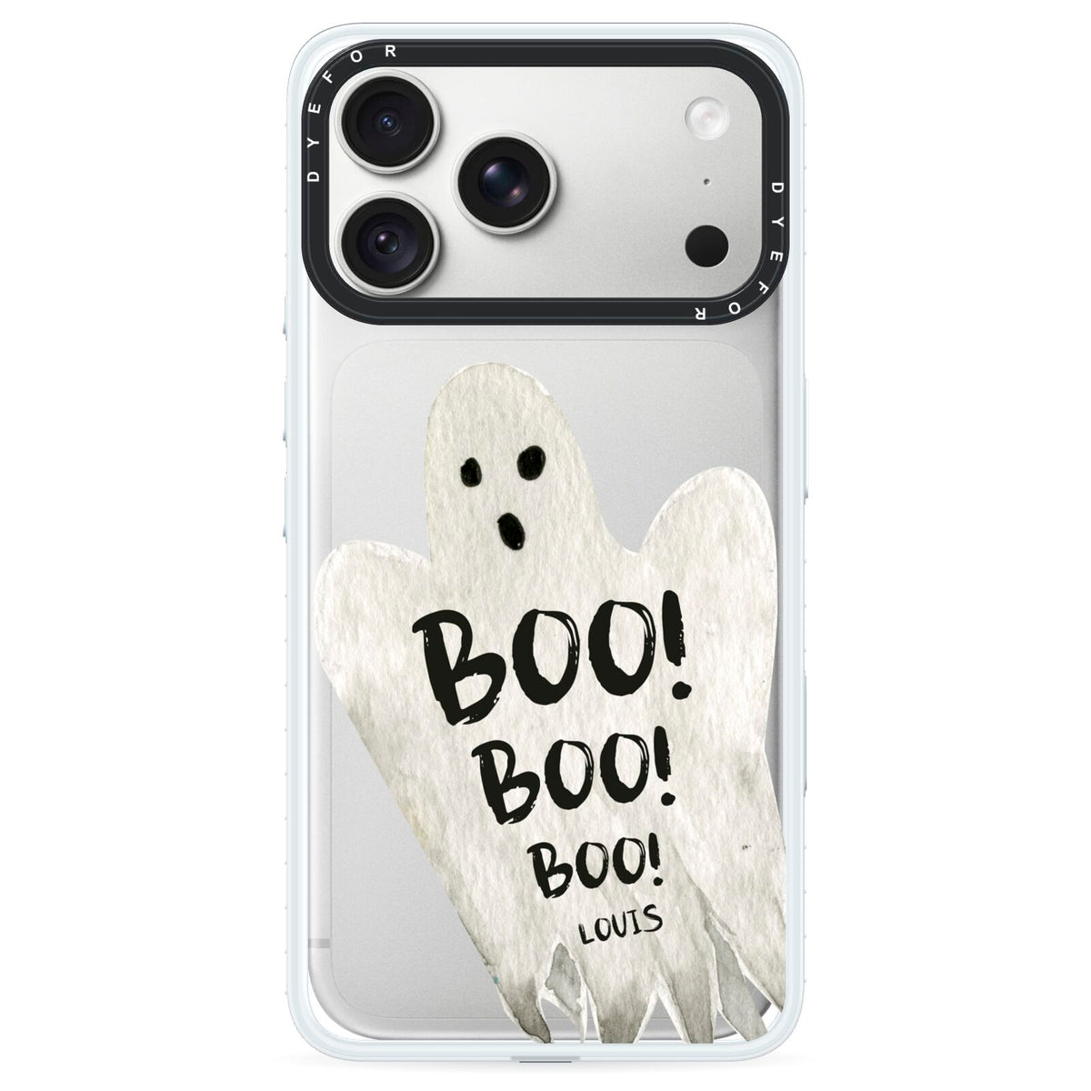 Boo Ghost Custom iPhone 18 Pro Black Impact Pre order Case on Silver phone