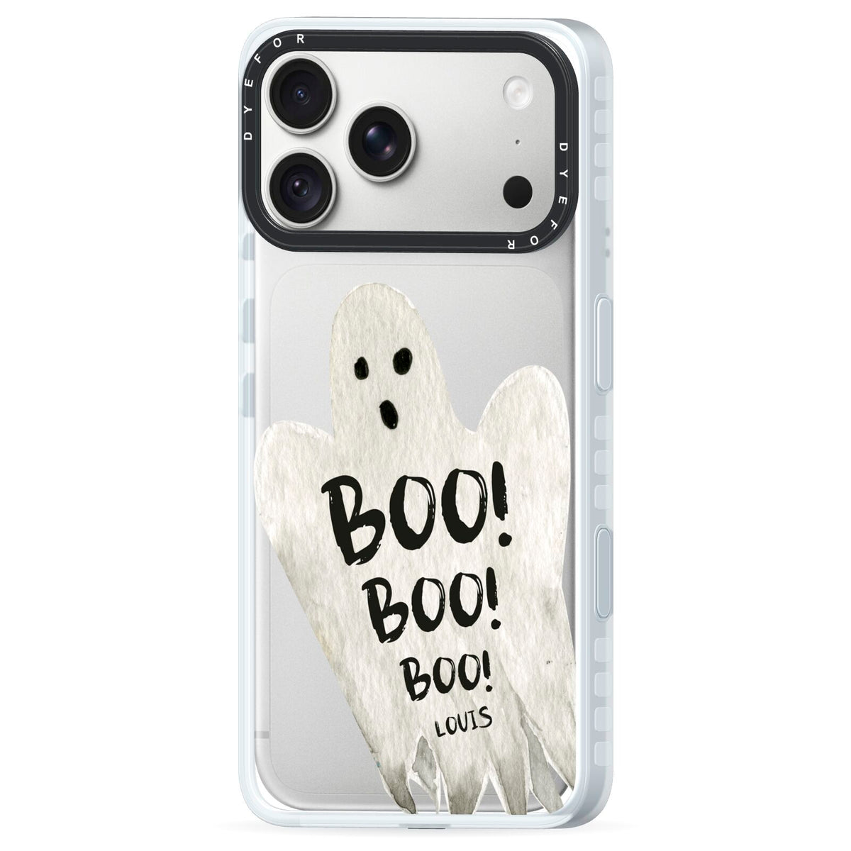 Boo Ghost Custom iPhone 18 Pro Max Black Impact Pre order Case Side Angle on Silver phone