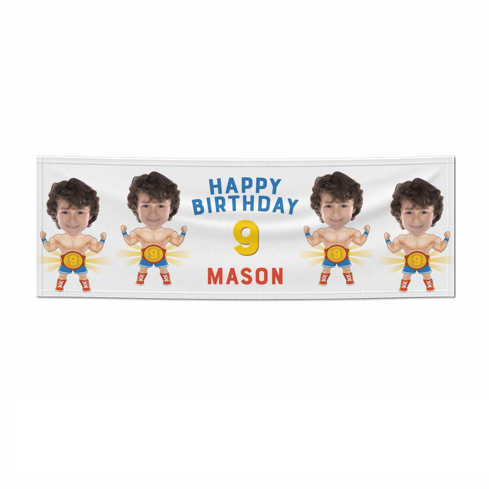 Boys Personalised Photo Face Wrestler Birthday 6x2 Paper Party Banner