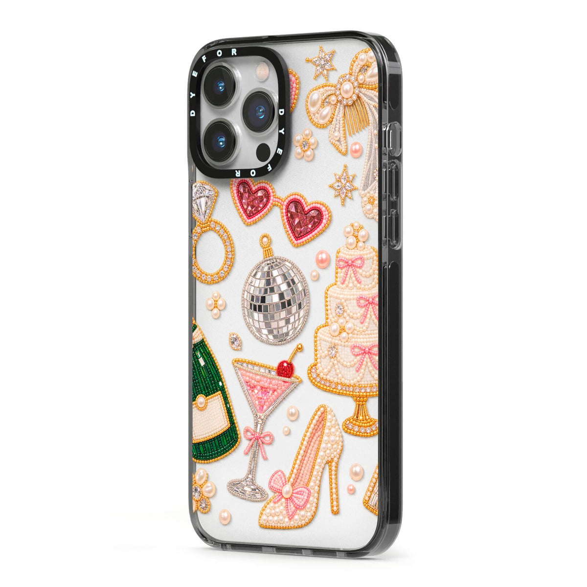 Bridal Afterparty iPhone 13 Pro Max Black Impact Case Side Angle on Silver phone