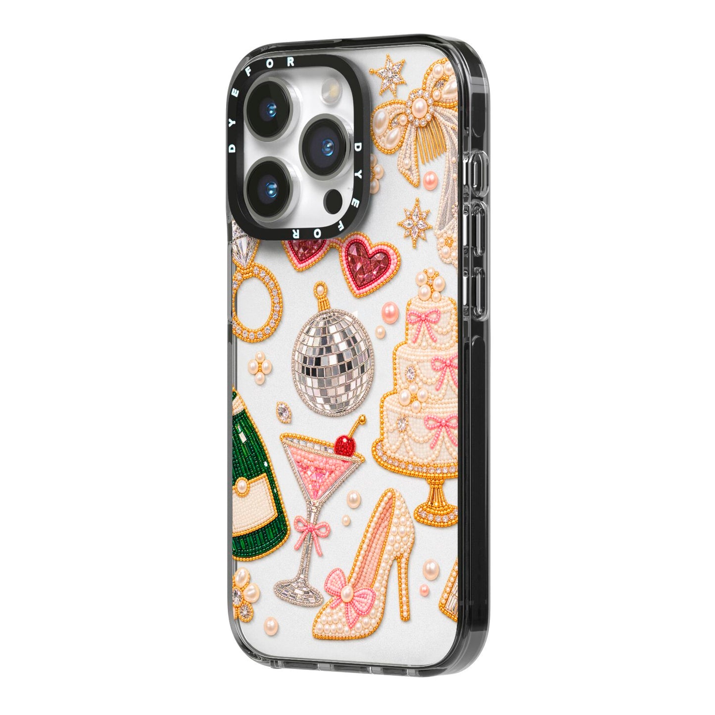 Bridal Afterparty iPhone 14 Pro Black Impact Case Side Angle on Silver phone