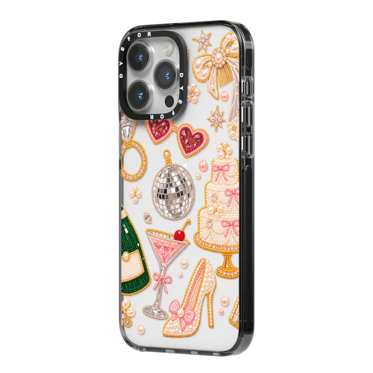 Bridal Afterparty iPhone 14 Pro Max Black Impact Case Side Angle on Silver phone