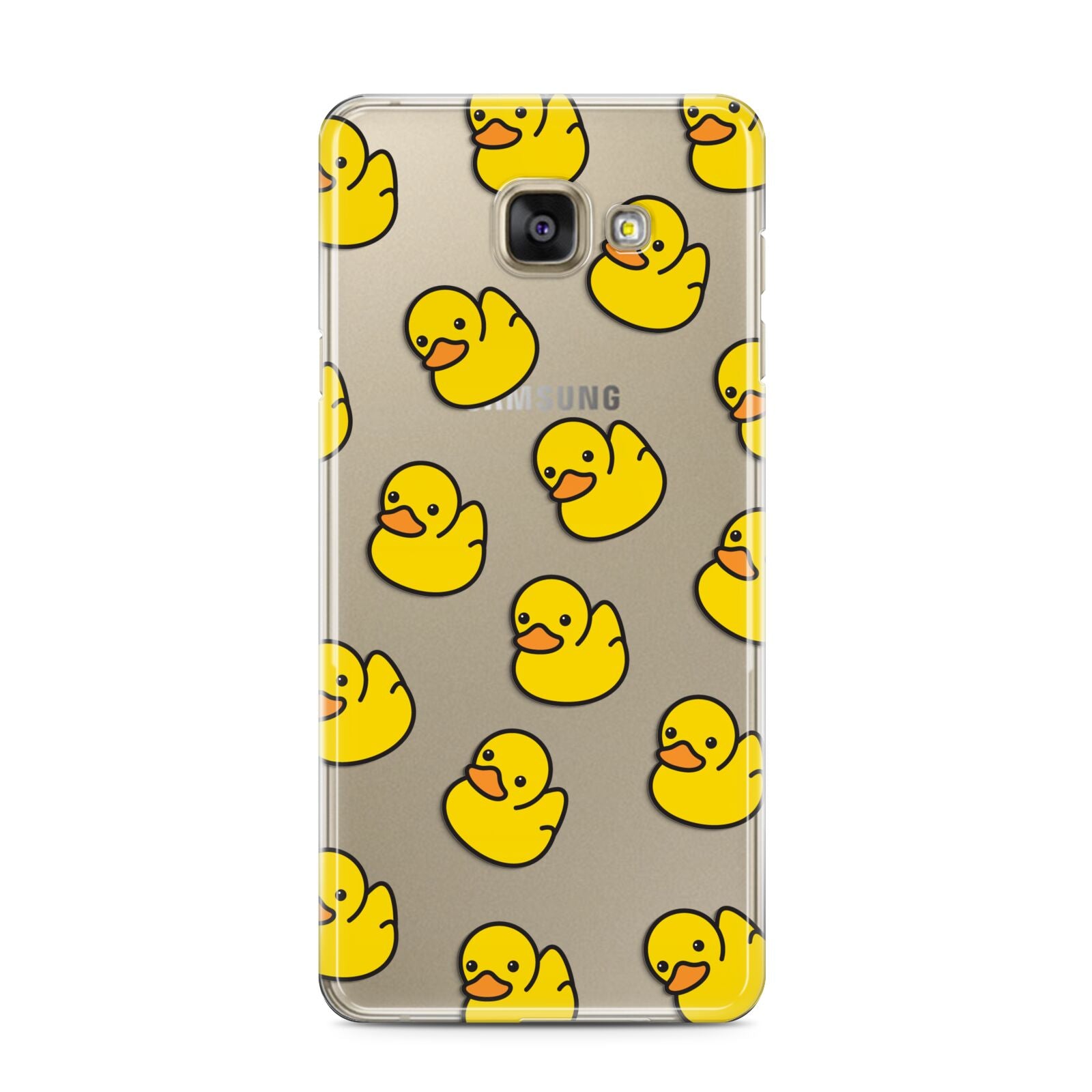 Bright Yellow Rubber Duck Pattern Samsung Galaxy A3 2016 Case on gold phone