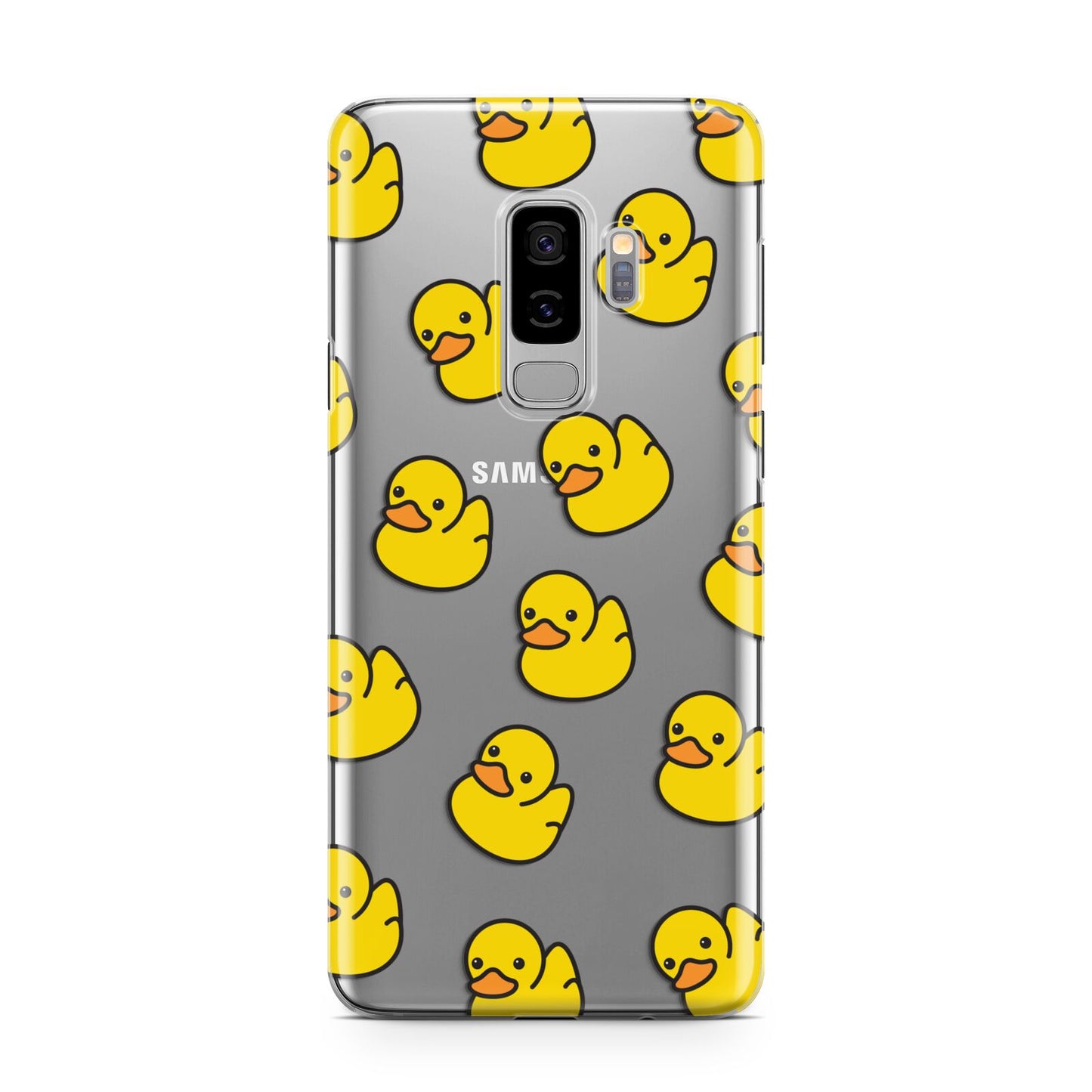 Bright Yellow Rubber Duck Pattern Samsung Galaxy S9 Plus Case on Silver phone