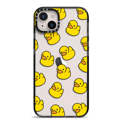 Bright Yellow Rubber Duck Pattern iPhone 14 Plus Black Impact Case on Silver phone