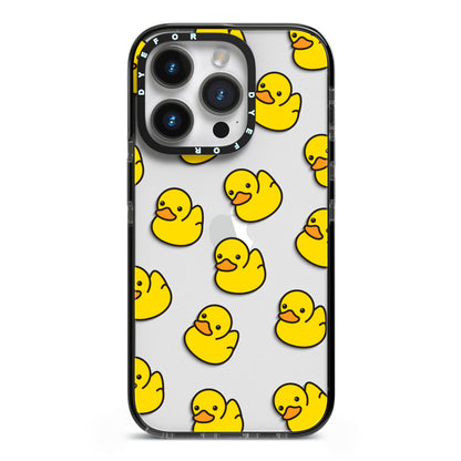 Bright Yellow Rubber Duck Pattern iPhone 14 Pro Black Impact Case on Silver phone