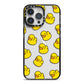Bright Yellow Rubber Duck Pattern iPhone 14 Pro Max Black Impact Case on Silver phone
