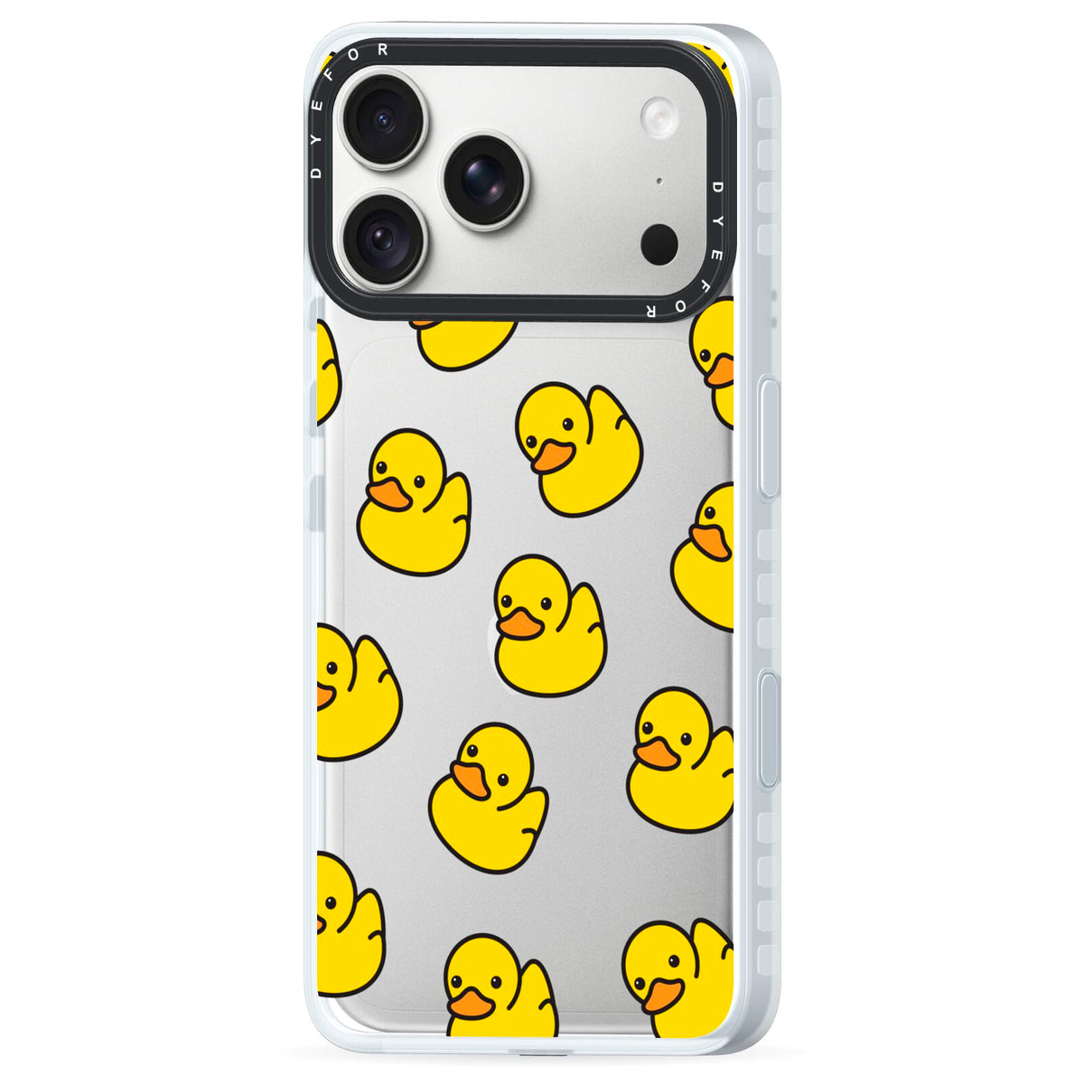 Bright Yellow Rubber Duck Pattern iPhone 18 Pro Max Black Impact Pre order Case Side Angle on Silver phone