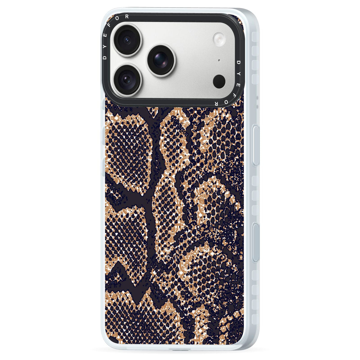 Brown Snakeskin iPhone 18 Pro Black Impact Pre order Case Side Angle on Silver phone