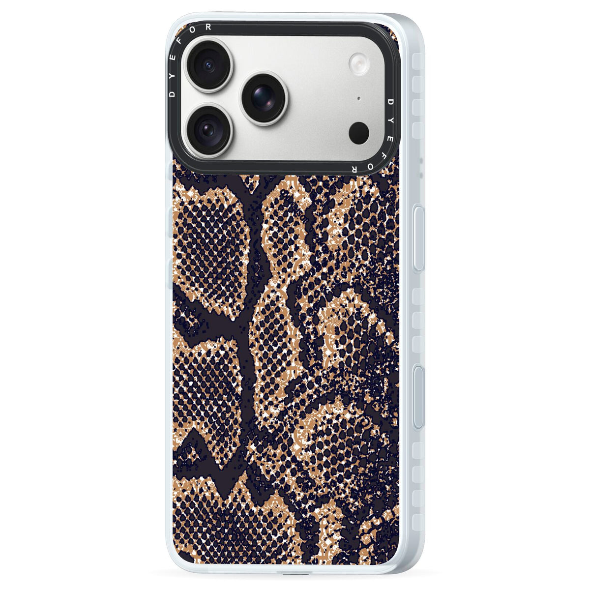 Brown Snakeskin iPhone 18 Pro Max Black Impact Pre order Case Side Angle on Silver phone