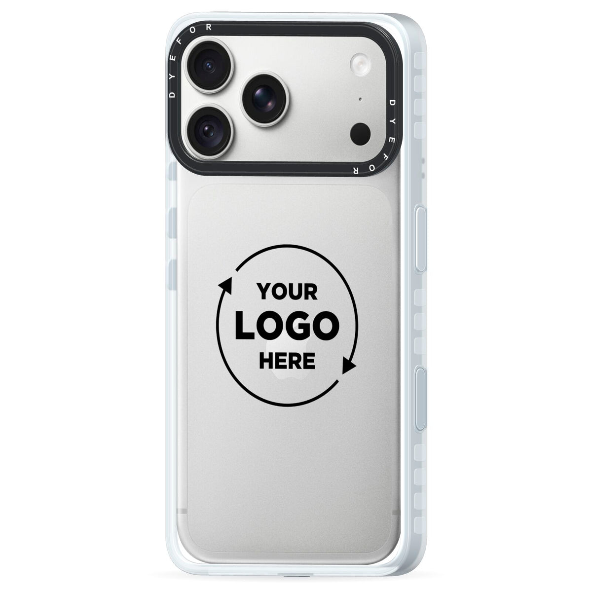 Business Logo Custom iPhone 18 Pro Black Impact Pre order Case Side Angle on Silver phone