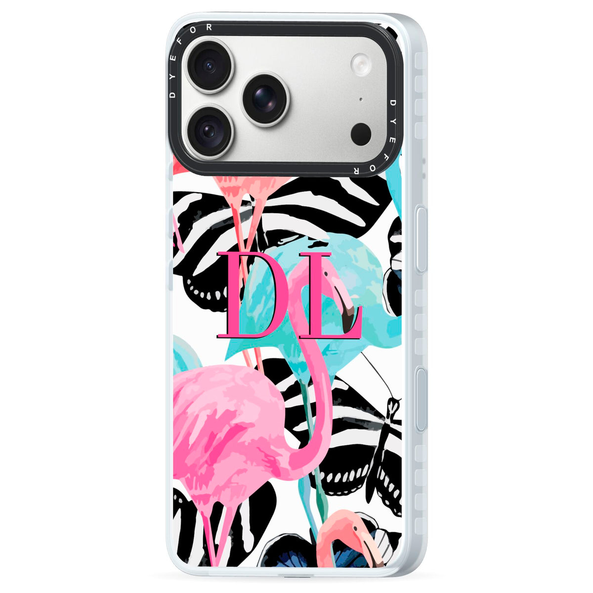 Butterflies Flamingos iPhone 18 Pro Black Impact Pre order Case Side Angle on Silver phone