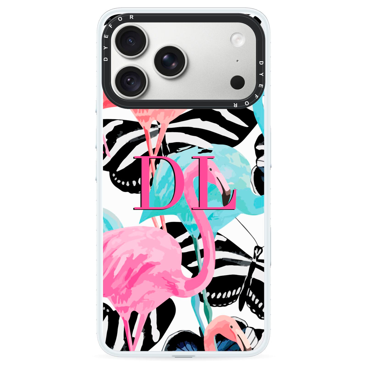 Butterflies Flamingos iPhone 18 Pro Max Black Impact Pre order Case on Silver phone