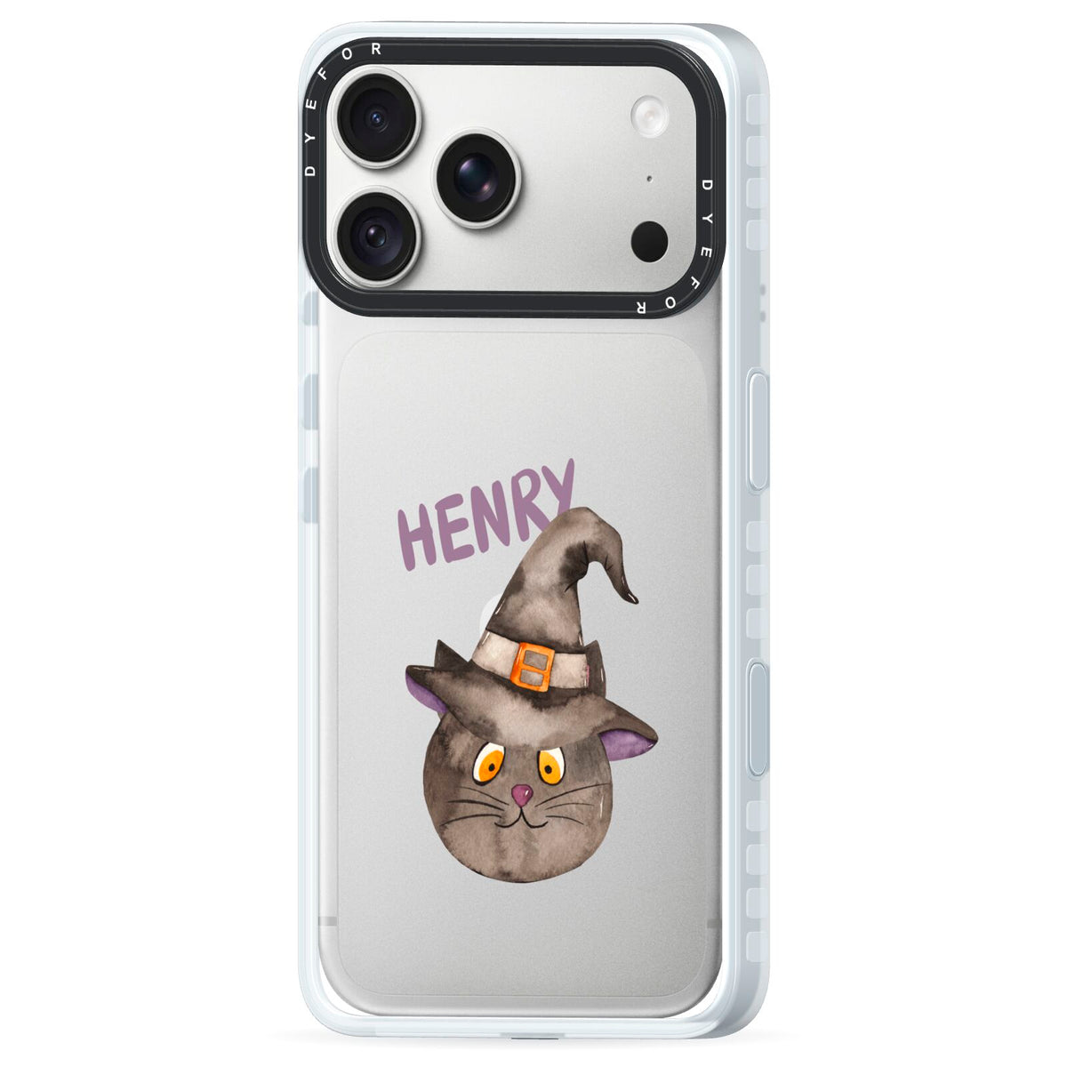 Cat in Witches Hat Custom iPhone 18 Pro Black Impact Pre order Case Side Angle on Silver phone