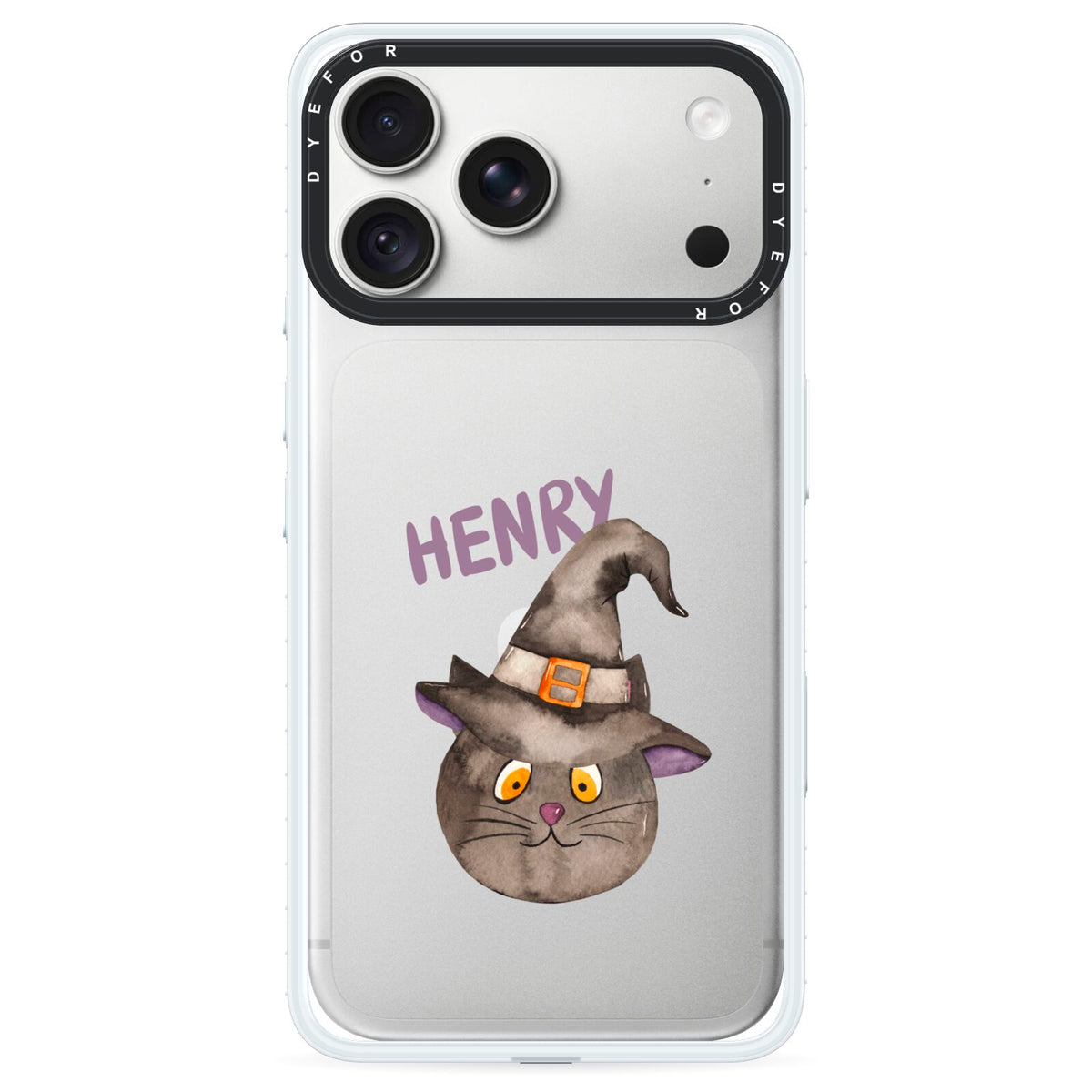 Cat in Witches Hat Custom iPhone 18 Pro Black Impact Pre order Case on Silver phone