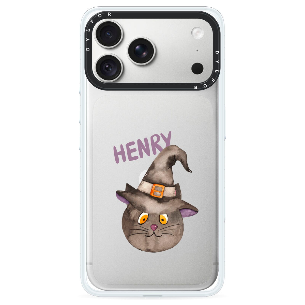 Cat in Witches Hat Custom iPhone 18 Pro Max Black Impact Pre order Case on Silver phone