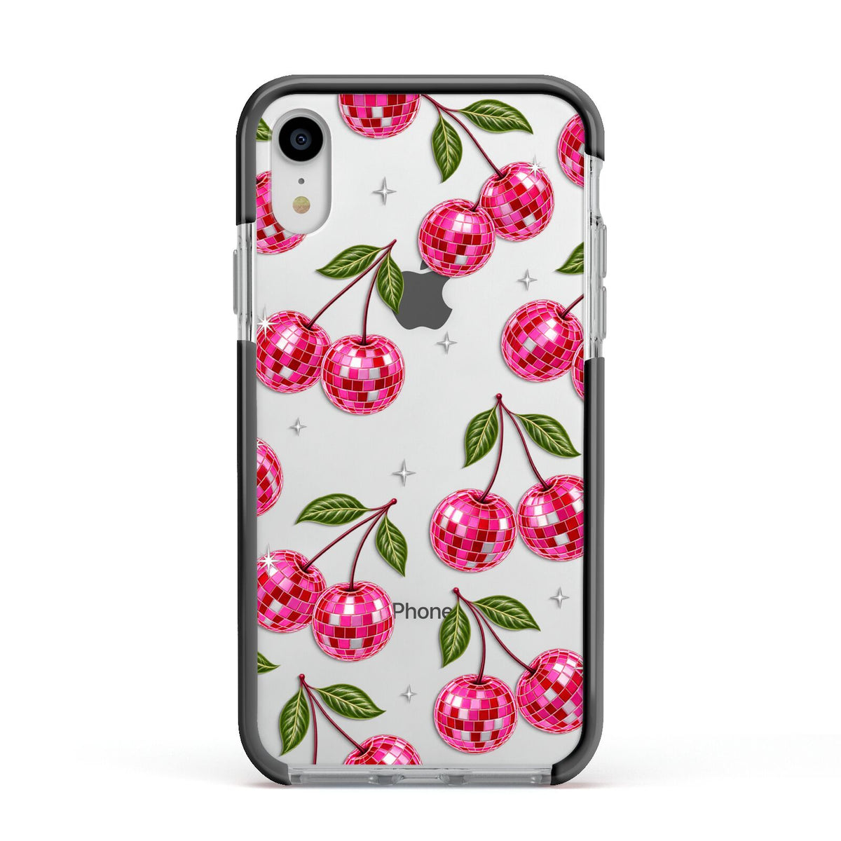Cherry Afterparty Apple iPhone XR Impact Case Black Edge on Silver Phone