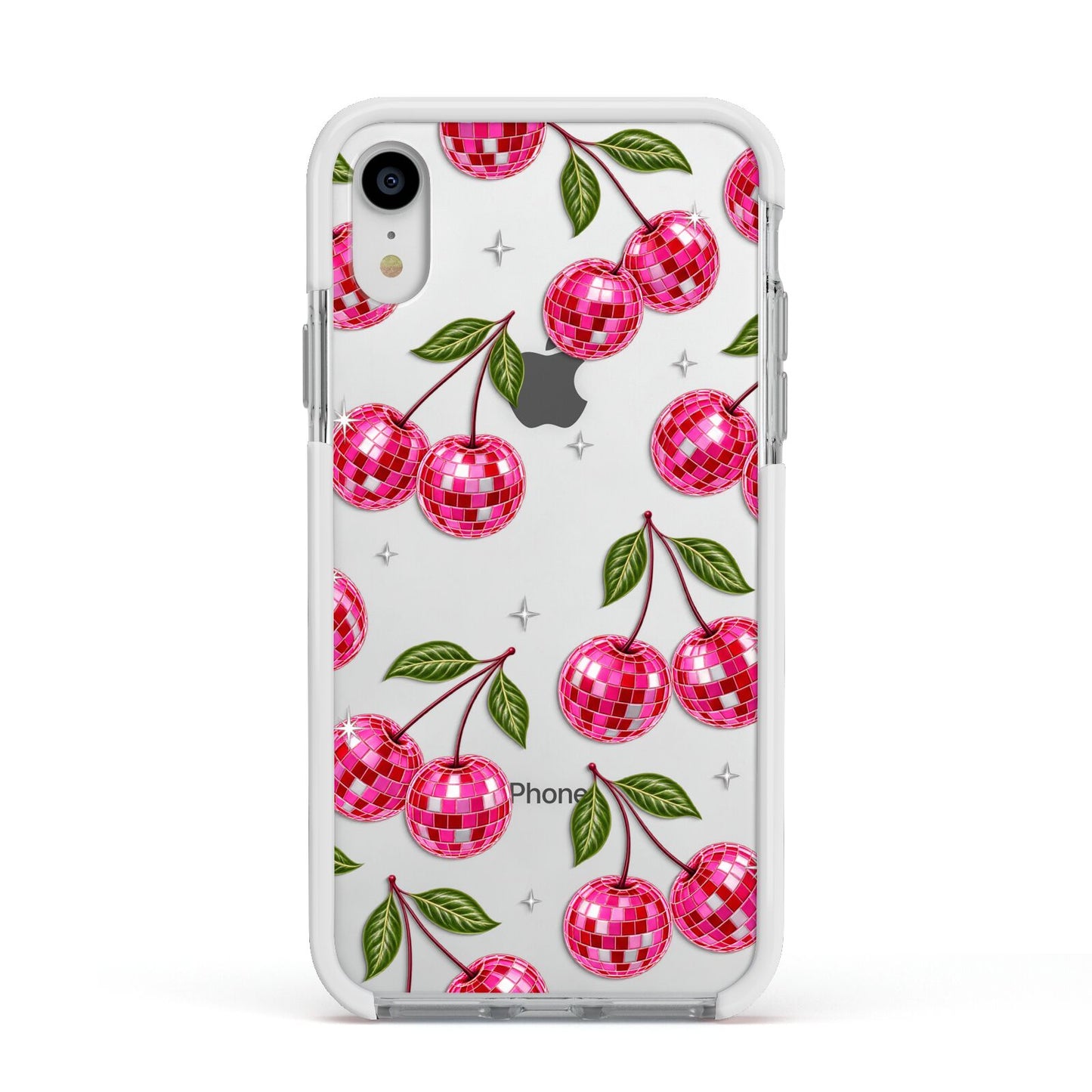 Cherry Afterparty Apple iPhone XR Impact Case White Edge on Silver Phone