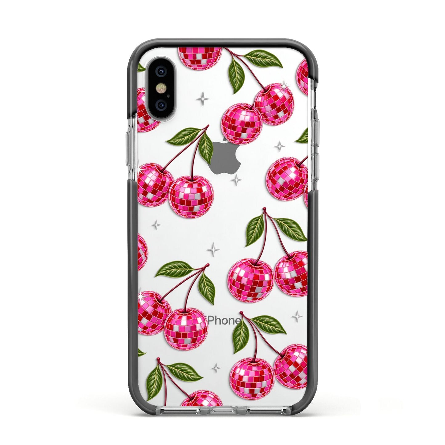 Cherry Afterparty Apple iPhone Xs Impact Case Black Edge on Silver Phone