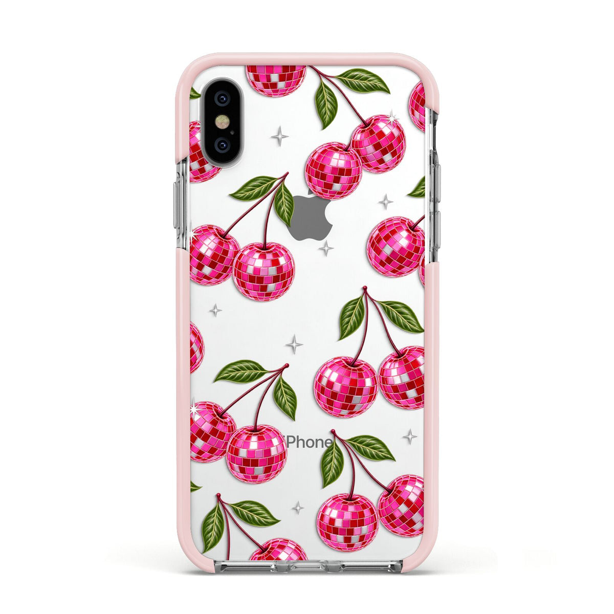 Cherry Afterparty Apple iPhone Xs Impact Case Pink Edge on Silver Phone