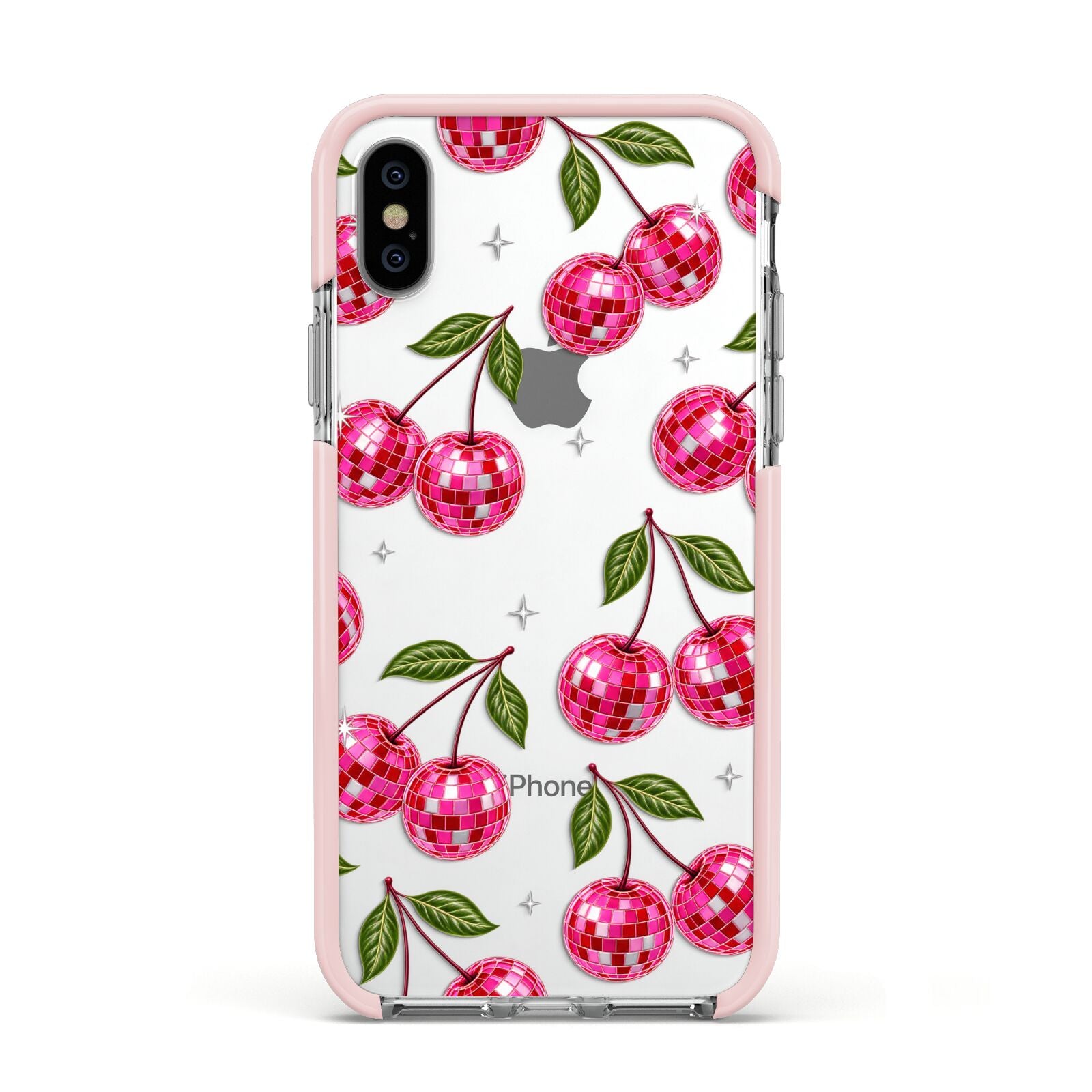 Cherry Afterparty Apple iPhone Xs Impact Case Pink Edge on Silver Phone