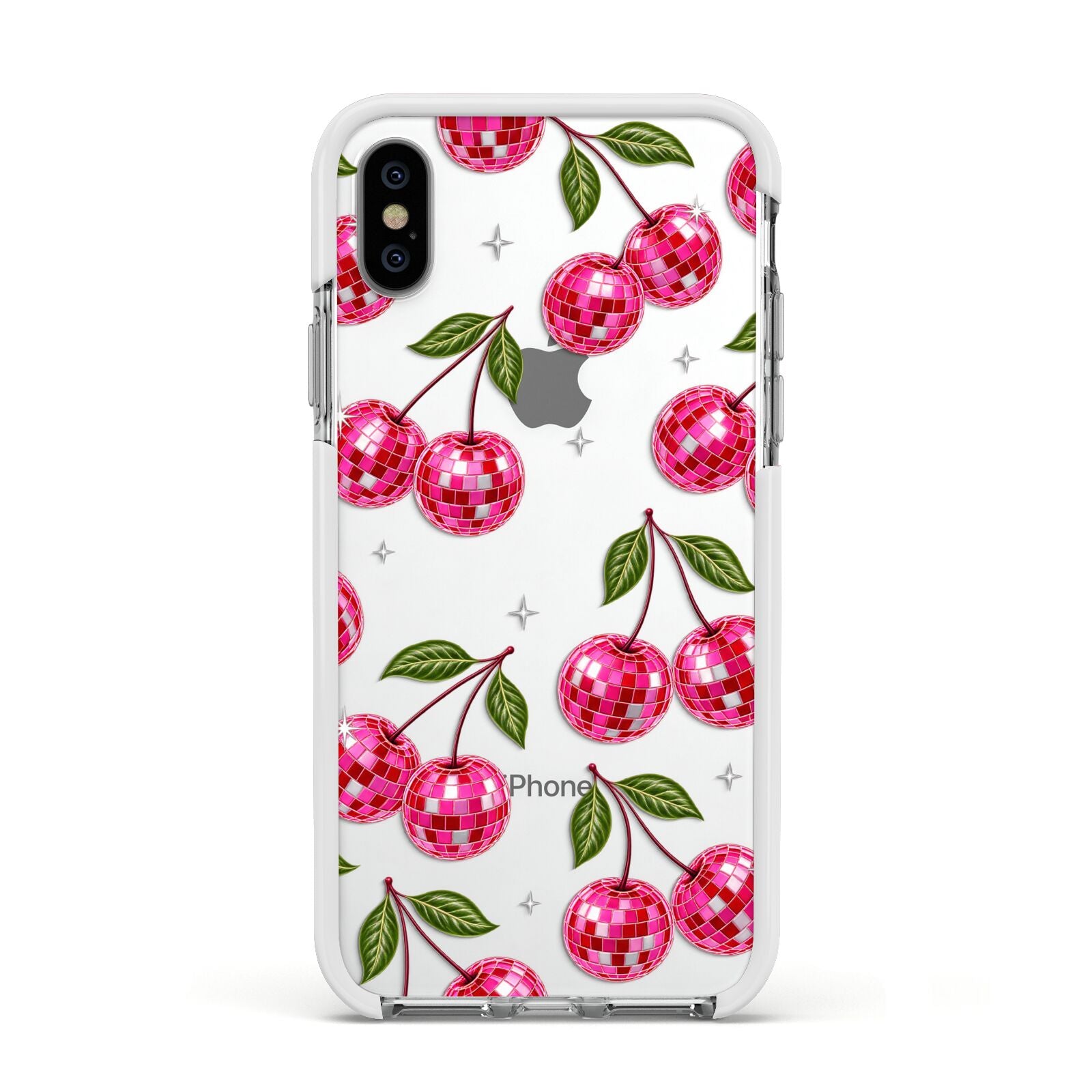 Cherry Afterparty Apple iPhone Xs Impact Case White Edge on Silver Phone