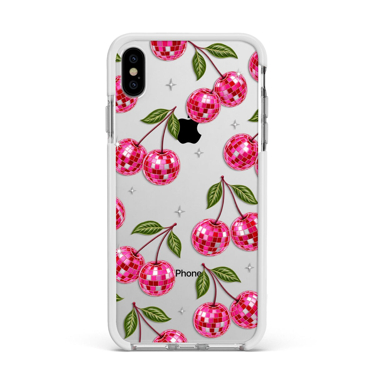 Cherry Afterparty Apple iPhone Xs Max Impact Case White Edge on Silver Phone