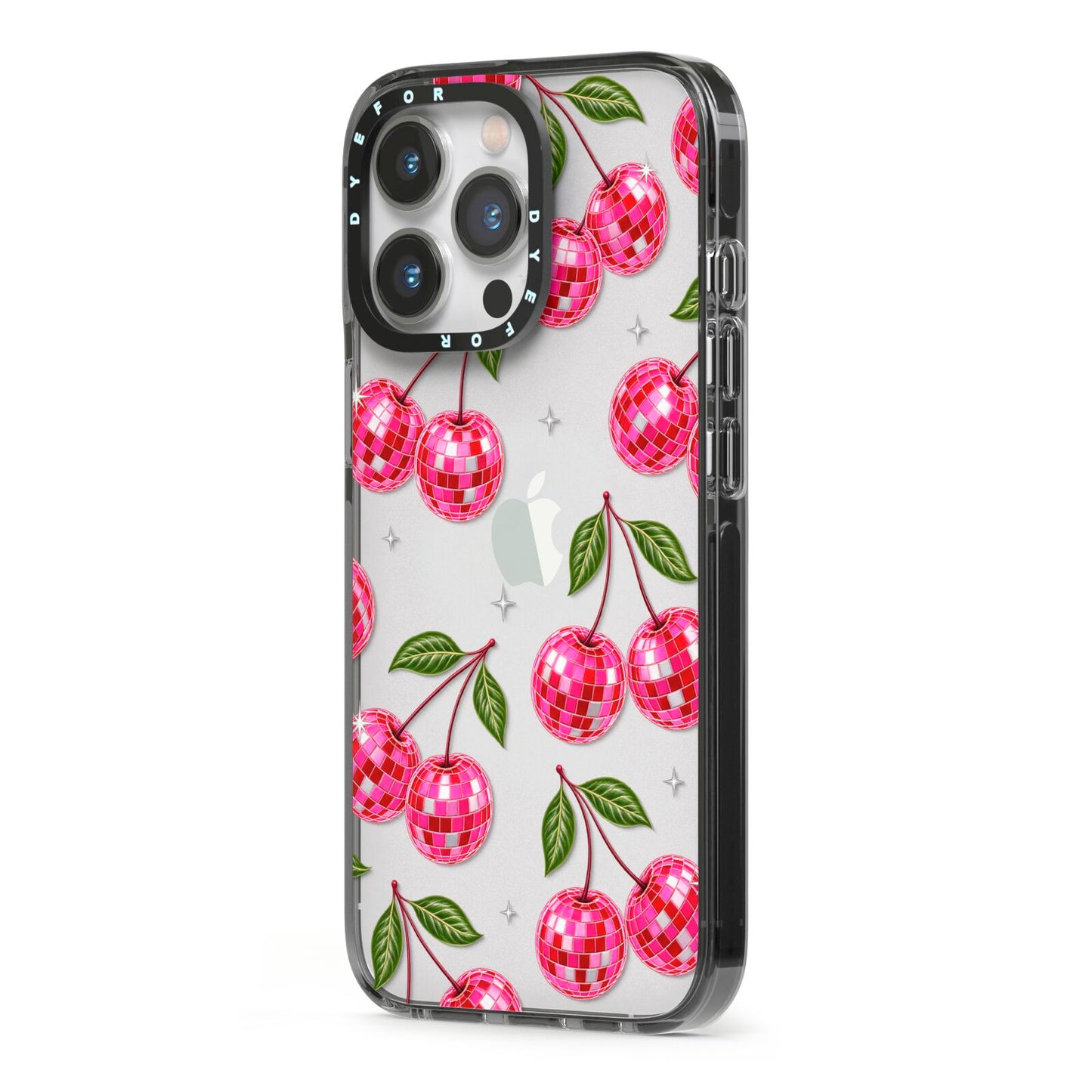 Cherry Afterparty iPhone 13 Pro Black Impact Case Side Angle on Silver phone
