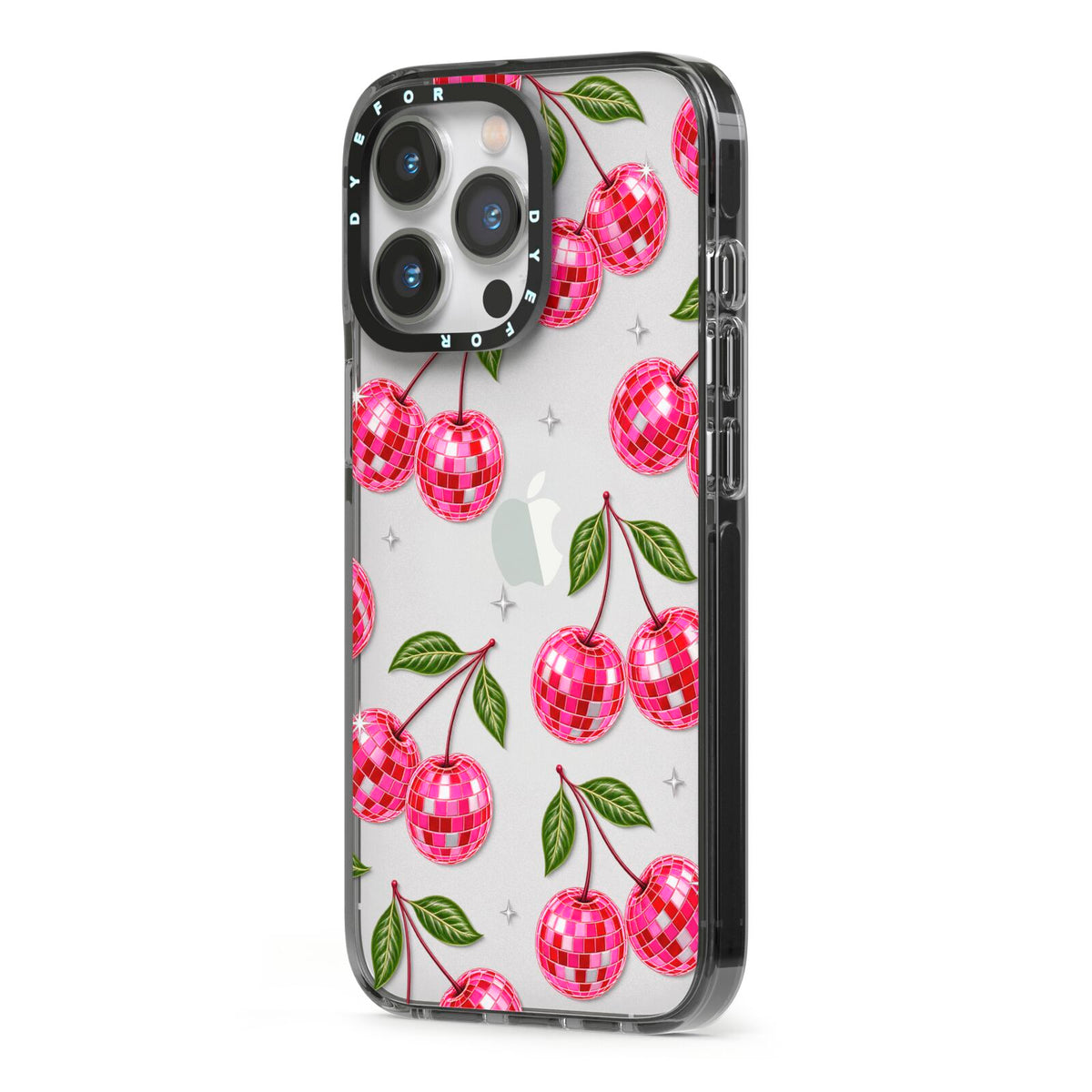 Cherry Afterparty iPhone 13 Pro Black Impact Case Side Angle on Silver phone
