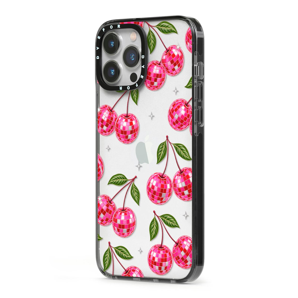 Cherry Afterparty iPhone 13 Pro Max Black Impact Case Side Angle on Silver phone