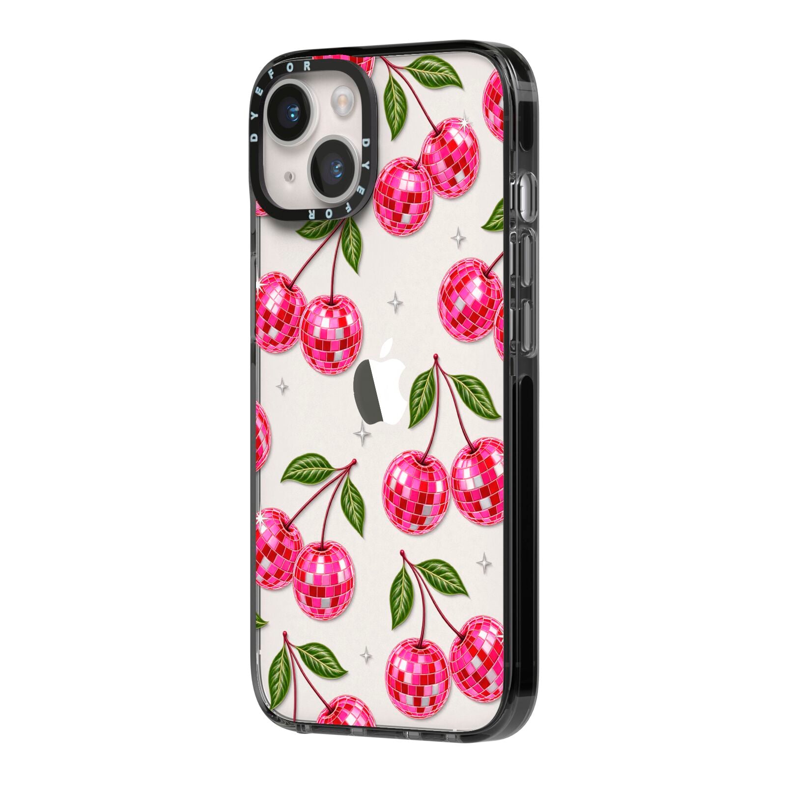 Cherry Afterparty iPhone 14 Black Impact Case Side Angle on Silver phone
