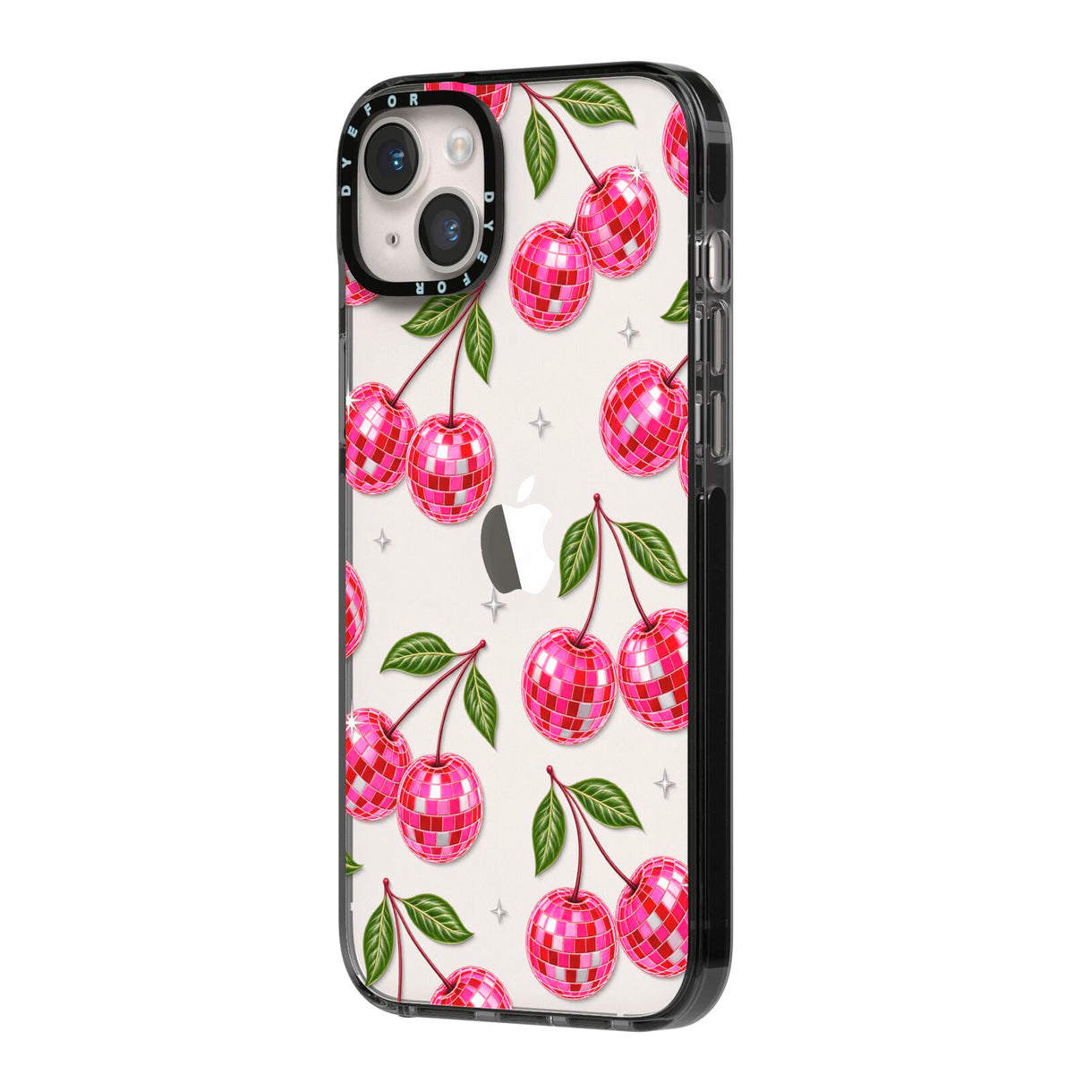 Cherry Afterparty iPhone 14 Plus Black Impact Case Side Angle on Silver phone