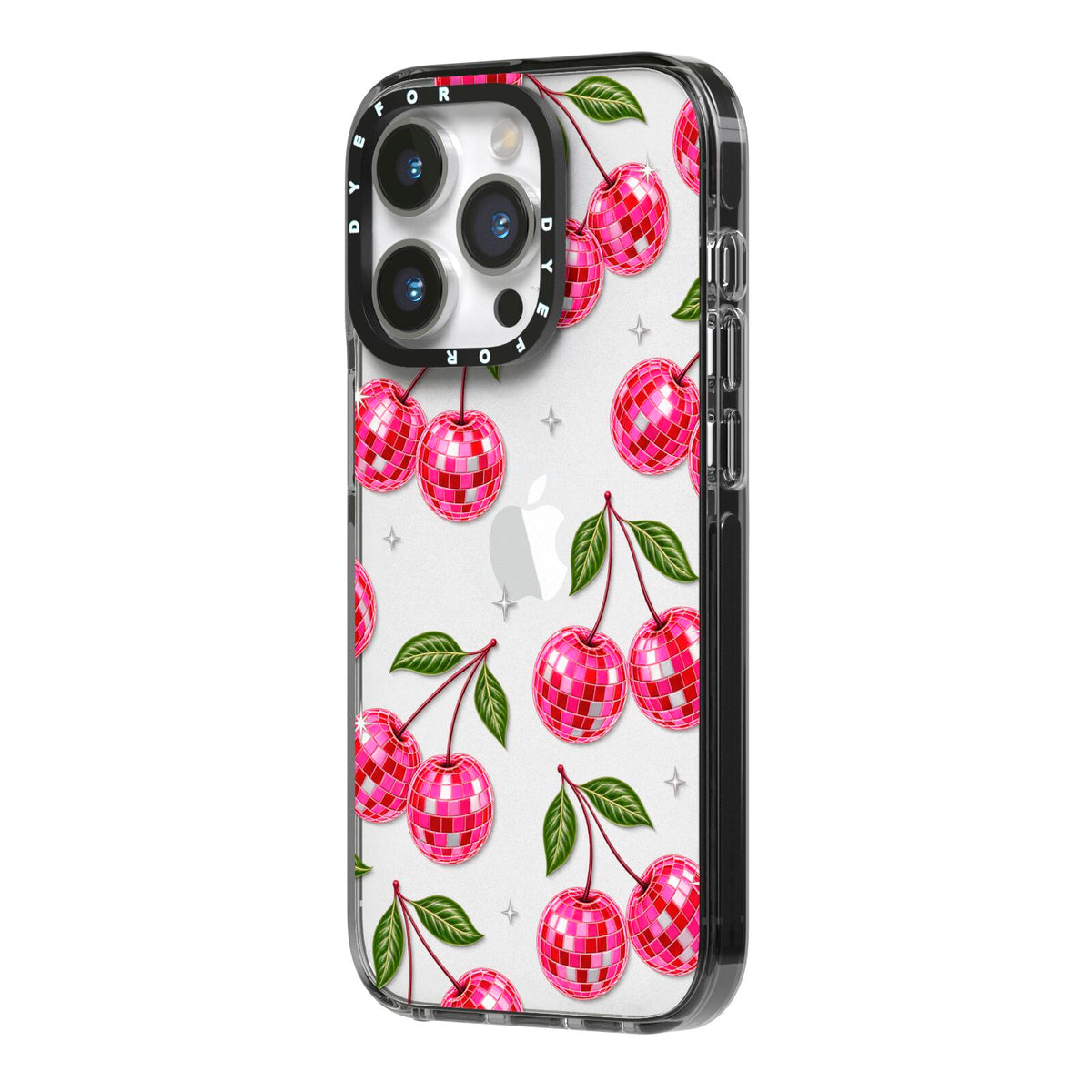 Cherry Afterparty iPhone 14 Pro Black Impact Case Side Angle on Silver phone