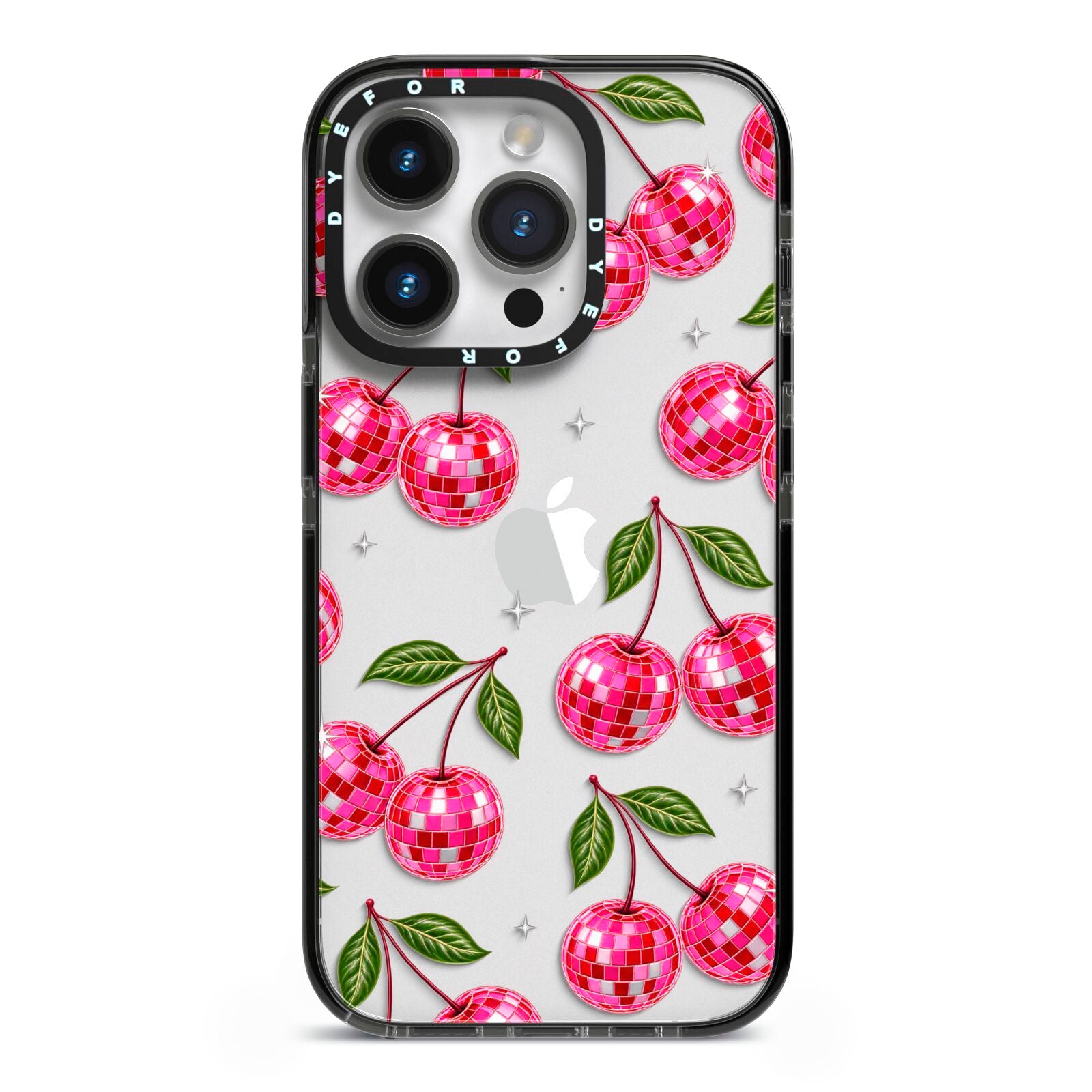 Cherry Afterparty iPhone 14 Pro Black Impact Case on Silver phone