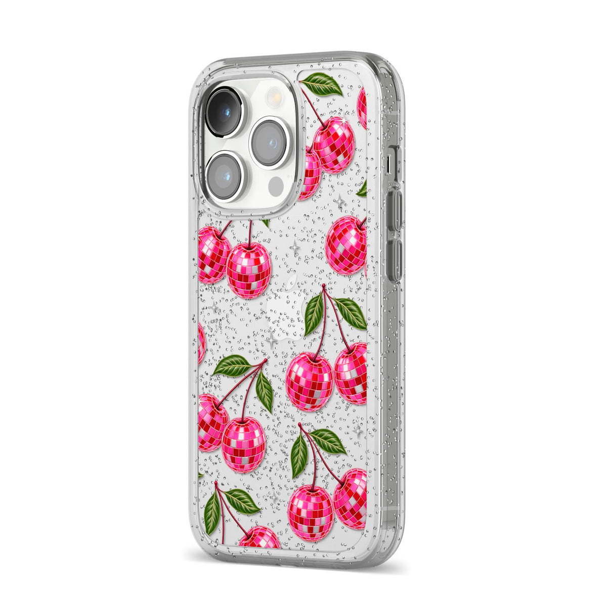Cherry Afterparty iPhone 14 Pro Glitter Tough Case Silver Angled Image