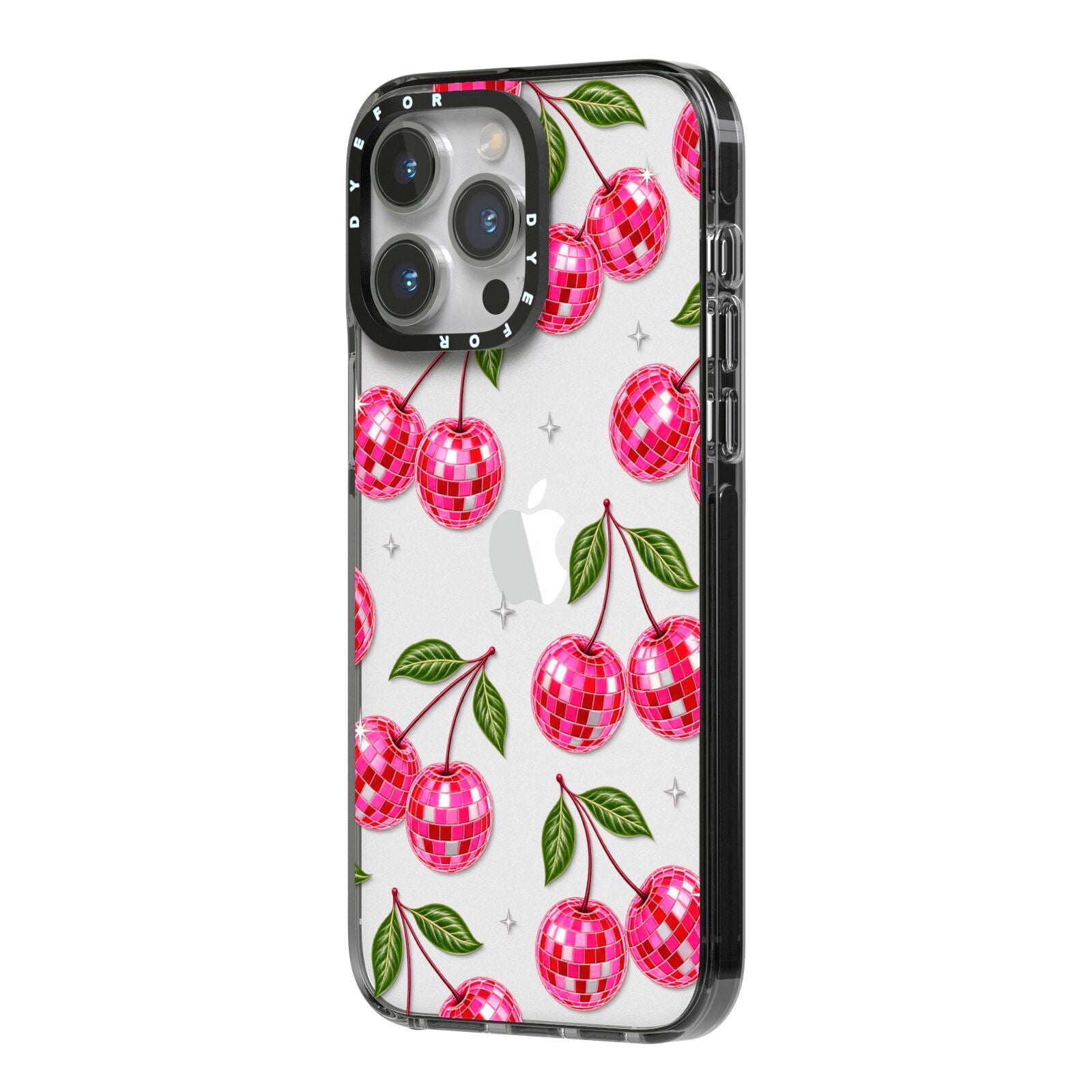Cherry Afterparty iPhone 14 Pro Max Black Impact Case Side Angle on Silver phone