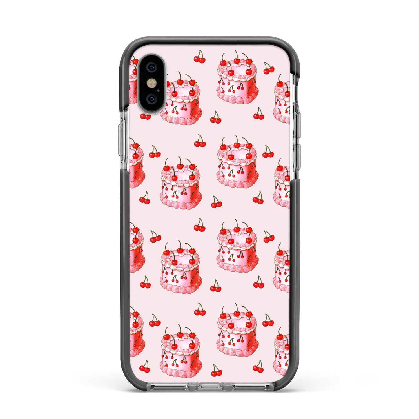 Cherry Cake Party Apple iPhone Xs Impact Case Black Edge on Silver Phone