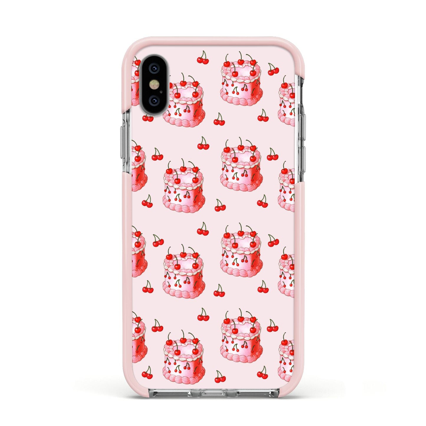 Cherry Cake Party Apple iPhone Xs Impact Case Pink Edge on Silver Phone
