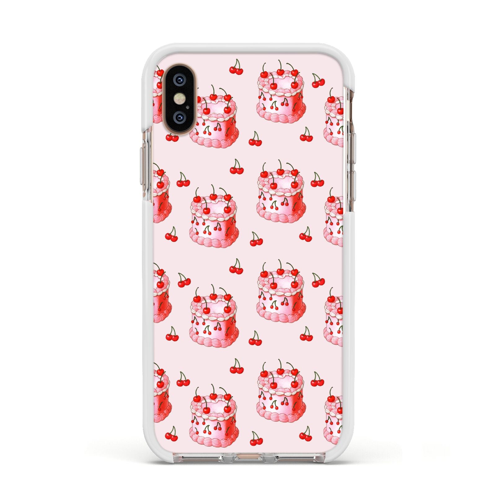Cherry Cake Party Apple iPhone Xs Impact Case White Edge on Gold Phone