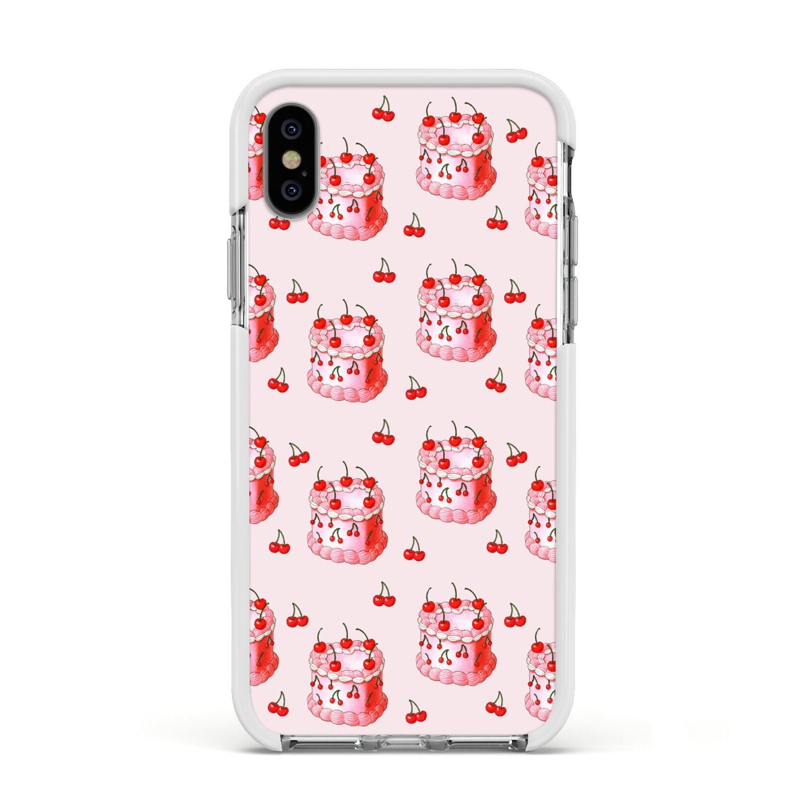 Cherry Cake Party Apple iPhone Xs Impact Case White Edge on Silver Phone
